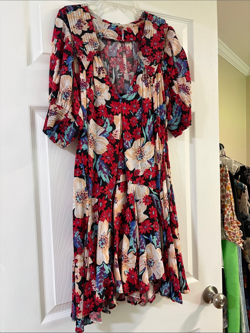 Free People Floral Swing Dress with Puff Sleeves - Red & Cream
